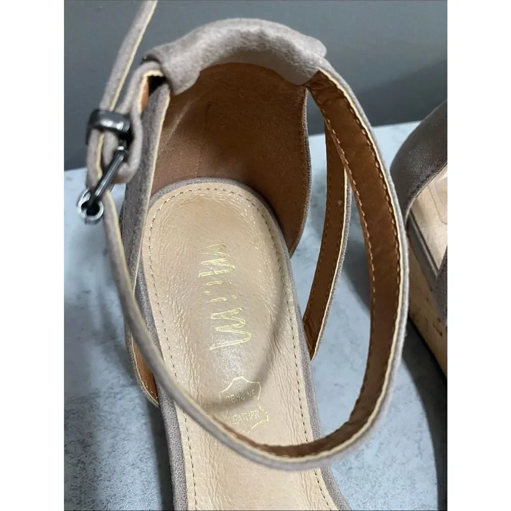 Mi.iM Women's Leather Taupe Wedge Sandals with Ankle Strap Size 6